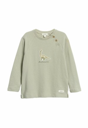 Lichtgroen shirt met lange mouwen voor peuters met twee schouderknopen en een brachiosaurus dinosaurusafbeelding in het midden.