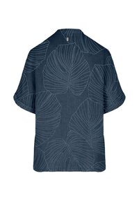 Maglietta navy con maniche corte caratterizzata da grandi contorni di foglie bianche. Realizzata in un tessuto liscio con una vestibilità rilassata e un colletto aperto.