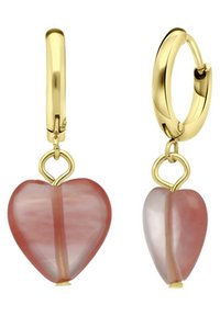 Gouden hoopoorbellen zijn voorzien van hartvormige rozenkwarts charme met een translucente afwerking en een duidelijke lichtgekleurde streep.