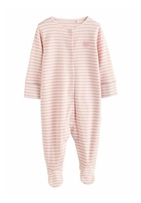 Rosa gestreifter Baby-Overall aus weichem Material, mit Herzdetail und Druckknöpfen auf der Vorderseite und an den Füßen für ein einfaches Ankleiden.