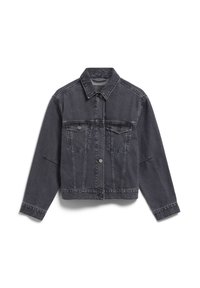 Dunkelgraue Denimjacke mit kragenähnlichem Hals, zwei Brusttaschen, Knopfverschlüssen und sichtbaren Steppnähten. Lange Ärmel mit umgeschlagenen Säumen.