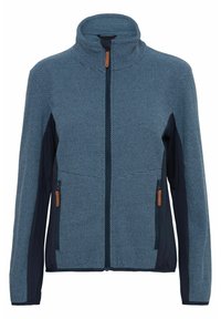 Veste bleue texturée avec un col haut, des manches noires, des poches zippées et des accents en cuir brun sur le tirette du zip.