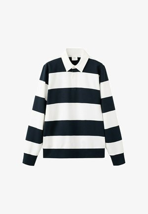 Camisa de rugby de manga larga con amplias rayas horizontales negras y blancas y un cuello blanco, presentada sobre un fondo blanco liso.