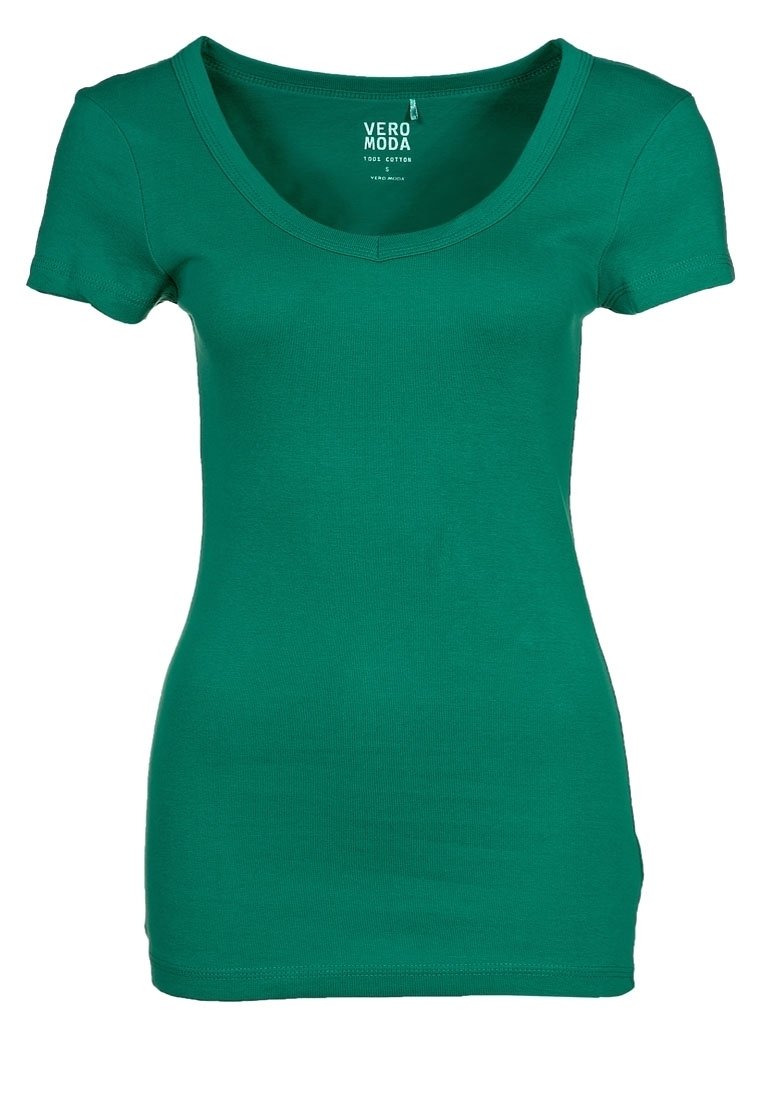 Green short-sleeve t-shirt made of 100% cotton, featuring a scoop neckline and a fitted design. Smooth texture with no visible patterns.