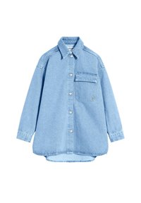 Vaaleansininen farkkupaita, jossa on pitkät hihat, nappikiinnitys etuhirven, yksi rinnan tasku ja kaareva helma. Klassinen kaulustyyli.