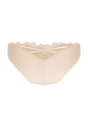 Beige Damenunterwäsche mit floraler Spitzenverzierung und zwei überkreuzten elastischen Trägern auf der Rückseite, isoliert auf weißem Hintergrund.