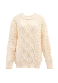 Cremefarbener Kabelstrickpullover mit rundem Ausschnitt, der mit strukturellen Rautenmuster und gerippten Bündchen und Saum versehen ist.