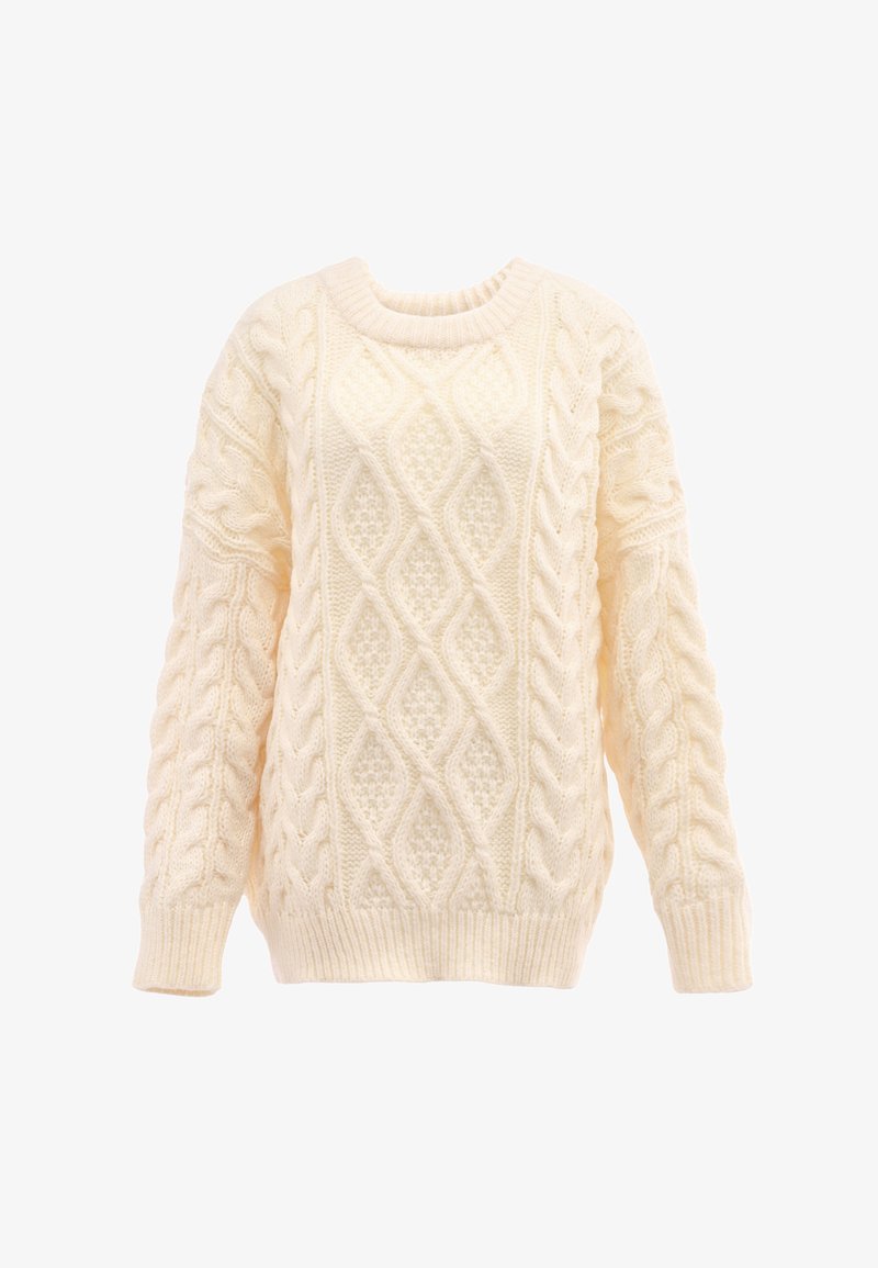 Sweter w kolorze kremowym, pleciony w warkocze, z okrągłym dekoltem, ozdobiony textured wzorem diamentowym oraz ściągaczami na mankietach i dolnym brzegu.