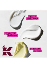 Three skincare cream smears labeled: gentle facial cleanser (white foam), hydrating moisturizer (white cream), hydrating eye cream (yellow cream) on white.