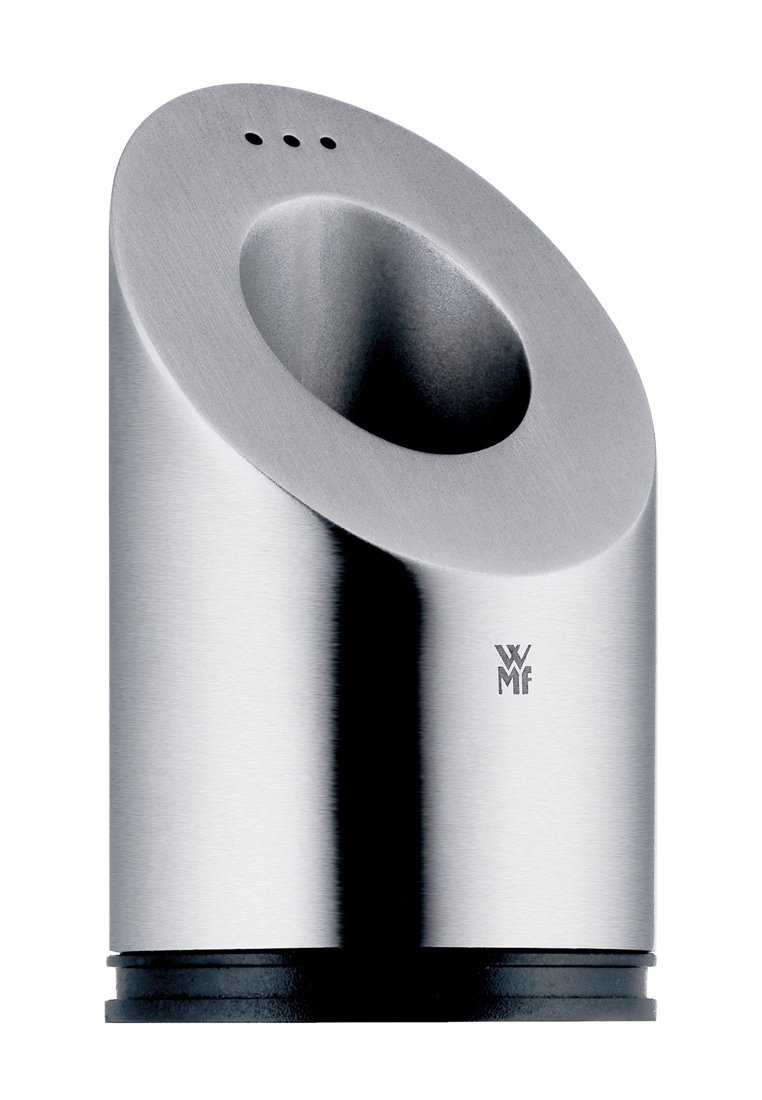 Edelstahl-Küchenutensilienhalter mit abgerundetem oberen Ende, drei Belüftungsöffnungen und schwarzem Boden. Elegante, glatte Oberfläche mit einem Logo.