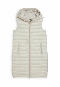 Hellbeige Steppweste mit Kapuze, ausgestattet mit einem Reißverschluss vorne und zwei seitlichen Reißverschluss-Taschen; gesteppte Textur mit vertikalen Nähten.