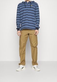 Blå och marinrandig långärmad pikétröja med huva, kombinerad med khakifärgade byxor och vita sneakers. Guldlogotyp på bröstet.