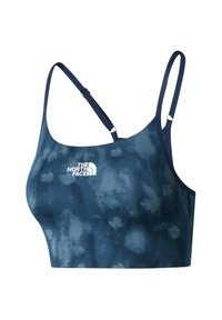 Modrý sportovní podprsenka s batikovým vzorem, tenkými nastavitelnými ramínky a bílým logem The North Face uprostřed vpředu.