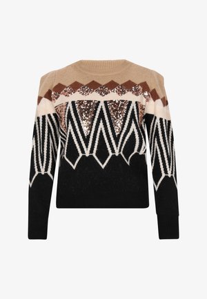 Kötött pulóver geometrikus mintákkal bézs, barna, fekete és fehér színekben, strassz részletekkel a mellrészen. Kerek nyakú és passzos mandzsettával.