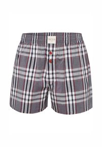 Geruite boxershorts met een elastische tailleband, met grijs, wit en rood ruitpatroon. Twee knopen aan de voorkant en een label aan de achterkant.