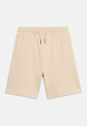 Beige casual korte broek met elastische tailleband, verstelbare trekkoord, zijzakken en klein logoplaatje op het rechterbeen.