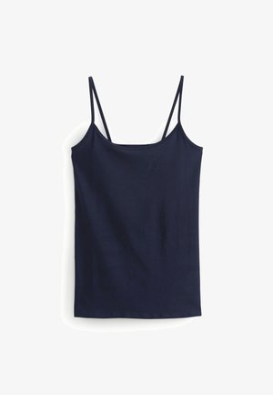 Marineblå top med tynde justerbare stropper, lavet af blødt stof. Har et enkelt design og en lige, slank pasform. Ingen mønstre eller accenter.