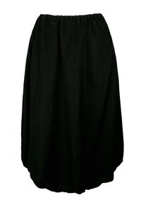 Schwarzer, knielanger Rock ausweichem Stoff mit elastischem Bund, der ein fließendes Design und einen abgerundeten Saum aufweist.