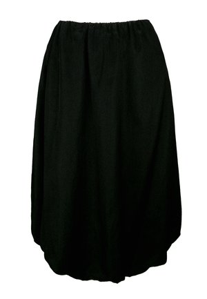 Black, knee-length skirt made of soft fabric with an elastic waistband, featuring a flowing design and a rounded hemline.