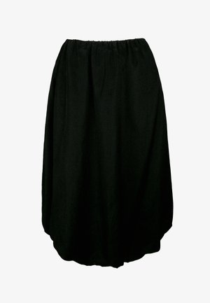 Black, knee-length skirt made of soft fabric with an elastic waistband, featuring a flowing design and a rounded hemline.
