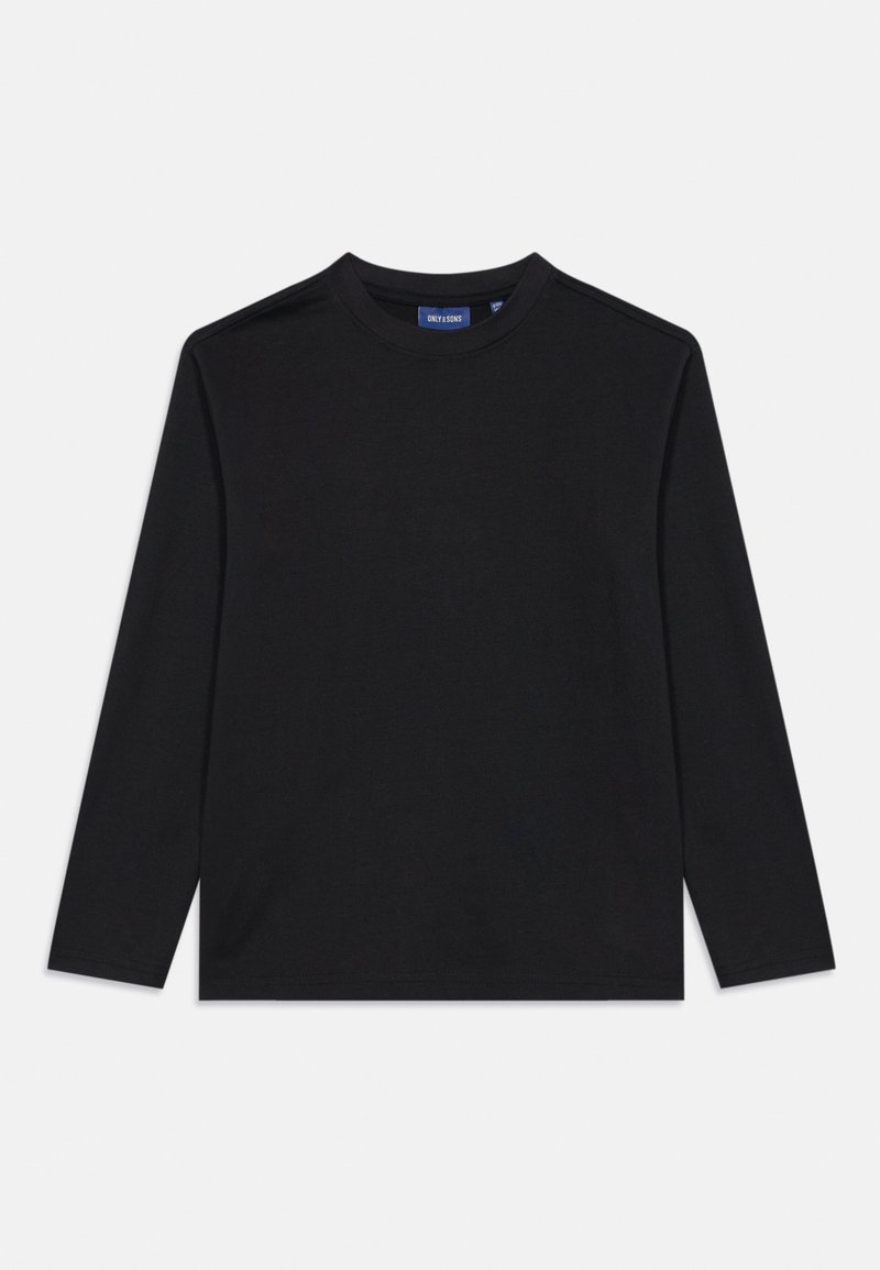 Crna majica dugih rukava s okruglim izrezom, s plavom oznakom unutar ovratnika, položena ravno na bijeloj pozadini.