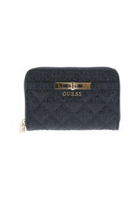Portefeuille Guess noir avec motif matelassé en monogrammes, fermeture dorée et tirette de fermeture éclair sur fond blanc.