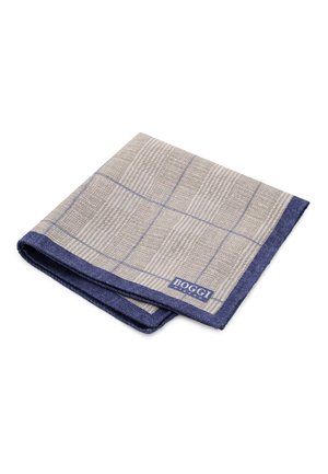 Mouchoir plié beige et bleu à carreaux avec un bord bleu foncé et une étiquette logo Boggi Milano dans le coin.