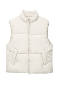 Lightweight, sleeveless puffer vest in a soft ivory color, featuring a high collar, front zipper, and two side pockets. Smooth, quilted texture.
