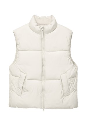Lightweight, sleeveless puffer vest in a soft ivory color, featuring a high collar, front zipper, and two side pockets. Smooth, quilted texture.