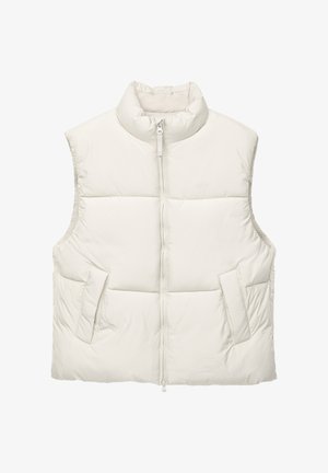 Lightweight, sleeveless puffer vest in a soft ivory color, featuring a high collar, front zipper, and two side pockets. Smooth, quilted texture.