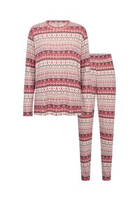 Röd och krämfärgad mönstrad lounge-set med långärmad topp och avsmalnande byxor med geometriska och blommönster. Mjukt tyg.