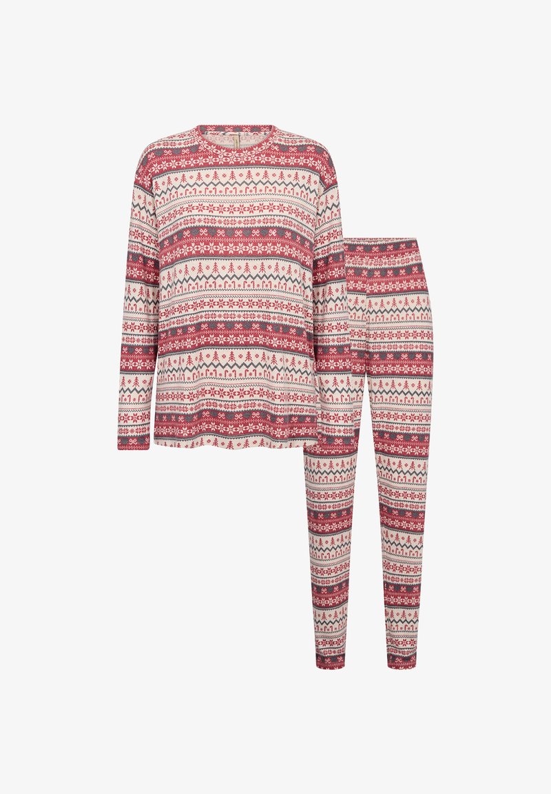 Röd och krämfärgad mönstrad lounge-set med långärmad topp och avsmalnande byxor med geometriska och blommönster. Mjukt tyg.