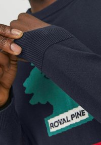 Marineblauer Pullover mit gerippten Bündchen, einem grafischen Design mit einem Baum und dem Text "ROYAL PINE" in Weiß auf grünem Hintergrund.