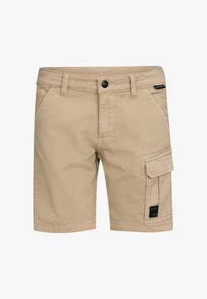 Beige cargoshorts met knoopsluiting, riemlussen, voorkanten en een zijvak met klep en merklabel.