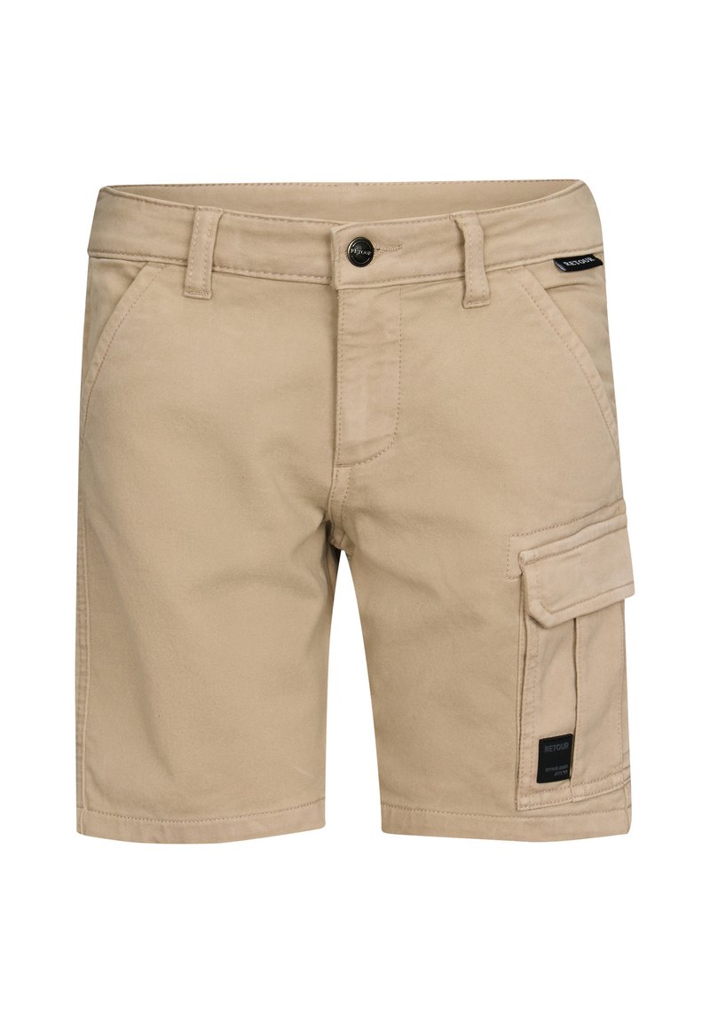 Pantaloni cargo beige con chiusura a bottone, passanti per cintura, tasche frontali e una tasca laterale con pattina e etichetta con logo.