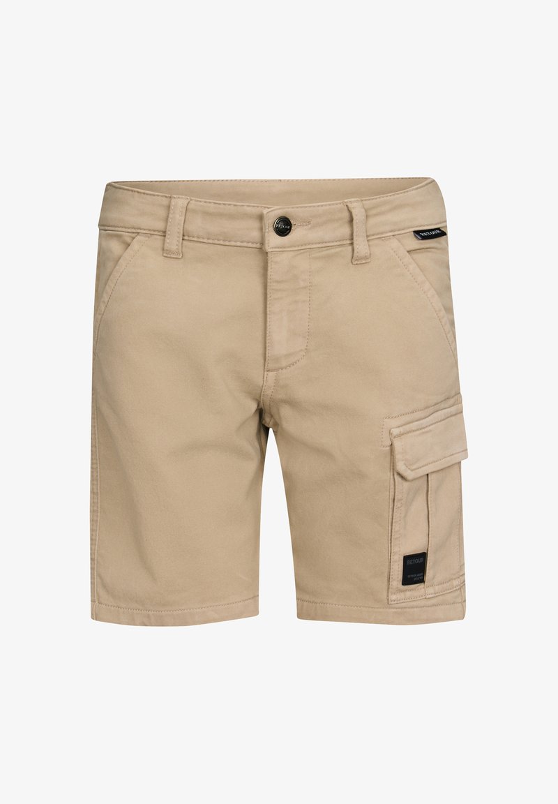 Pantaloni cargo beige con chiusura a bottone, passanti per cintura, tasche frontali e una tasca laterale con pattina e etichetta con logo.
