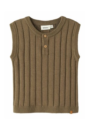 Mouwloos bruine gebreide vest met verticale ribbels en twee houten knopen onder de ronde halslijn, gelabeld Lil' Atelier.
