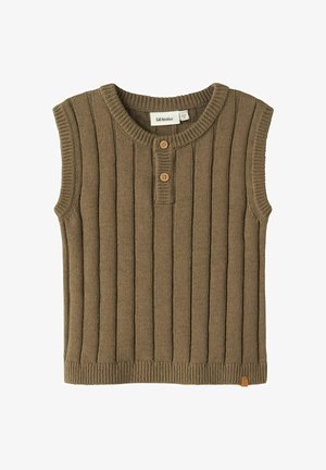 Ærmeløs brun strikket vest med lodret ribning og to træknapper under den runde halsudskæring, mærket Lil' Atelier.