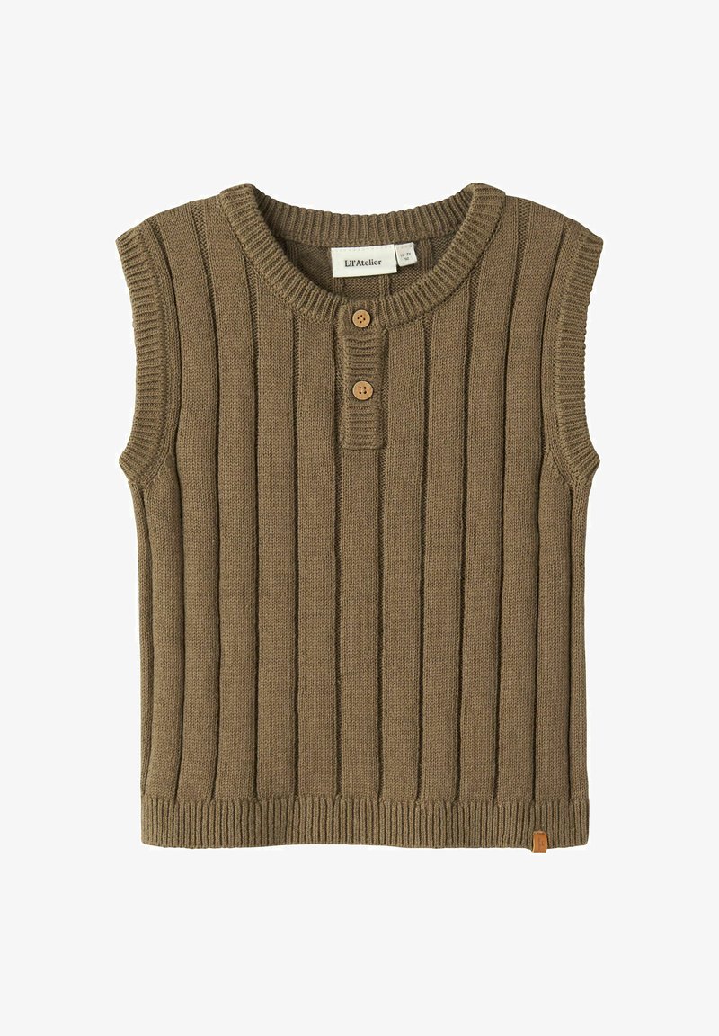 Gilet tricoté marron sans manches avec côtes verticales et deux boutons en bois sous l'encolure ronde, étiqueté Lil' Atelier.