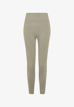 Tights in light olive green, featuring a high waistband, smooth texture, and reflective accents along the lower leg.
