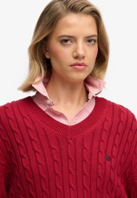 Jeune femme aux cheveux blonds portant une chemise rose à col sous un pull en V rouge en tricot à mailles épaisses, sur fond blanc.