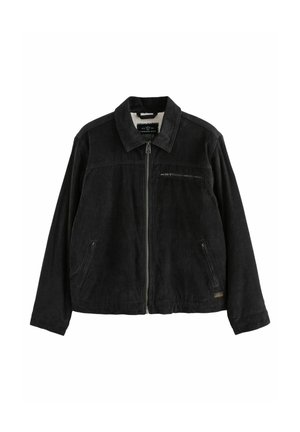 Zwarte denimjack met een kraag, rits aan de voorkant, twee zijzakken en een klein ritsvak op de borst. Gladde textuur met een minimalistisch ontwerp.