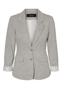 Blazer grigio realizzato in un tessuto morbido con colletto a lustrino, due tasche frontali e chiusura con bottoni. Foderato con materiale bianco plissettato ai polsini.