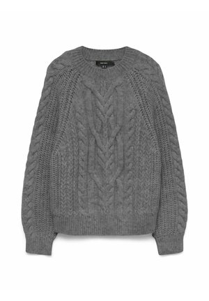 Pull en laine grise avec un motif en torsades, encolure ronde et poignets et ourlet côtelés. Design texturé avec différentes techniques de tricot.
