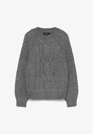 Grå strikket genser med kabelmønster, rund hals og ribbestrikkede mansjetter og kant. Teksturert design med varierende strikketeknikker.