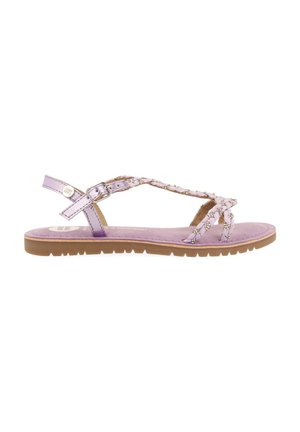 Sandal in lavanda con fasce intrecciate e borchie decorative. Suola piatta e cinturino alla caviglia regolabile. Soletta testurizzata per il comfort.