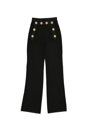 Pantalon noir taille haute à jambes larges avec deux rangées verticales de boutons dorés le long des hanches et une rangée horizontale à la ceinture.