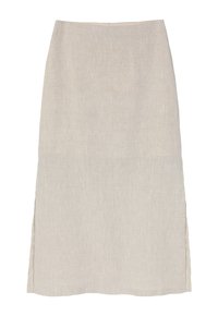 Light beige linen skirt with a straight silhouette, side slits, and a subtle textured finish. No hardware or embellishments visible.