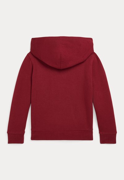 Sudadera con capucha en color marrón burdeos, de textura suave, con puños y dobladillo acanalados, y un bolsillo tipo canguro. Acabado liso y diseño de corte relajado.