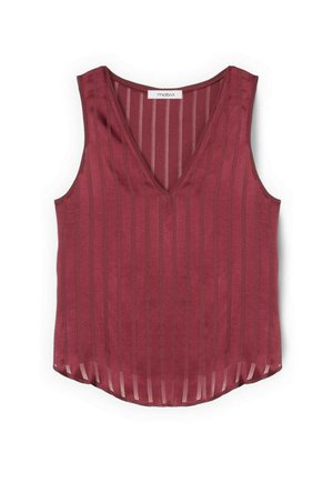 Bezruký bordó top s vertikálními průsvitnými pruhy, výstřihem do V a mírně zaobleným lemem.